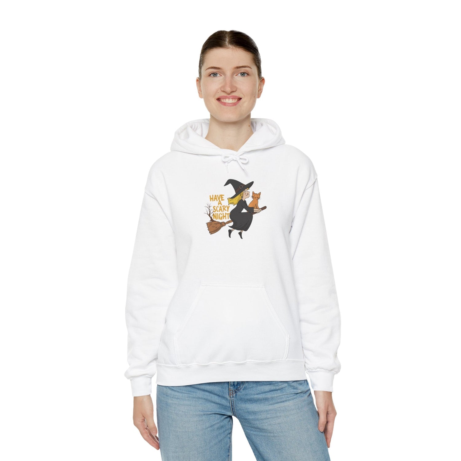 Halloween Witch and Cat Hoodie, Cozy Fall Sweatshirt, Scary Night Apparel, Unisex Ghostly Sweatshirt, Cute Halloween Gift Printify