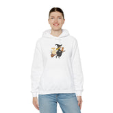 Halloween Witch and Cat Hoodie, Cozy Fall Sweatshirt, Scary Night Apparel, Unisex Ghostly Sweatshirt, Cute Halloween Gift Printify