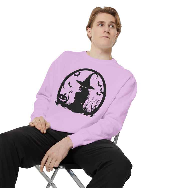 Charming Halloween Sweatshirt, Cozy Witch Design, Unisex Garment-Dyed Hoodie, Fall Fashion, Spooky Season Wear, Trick or Treat Gift Printify