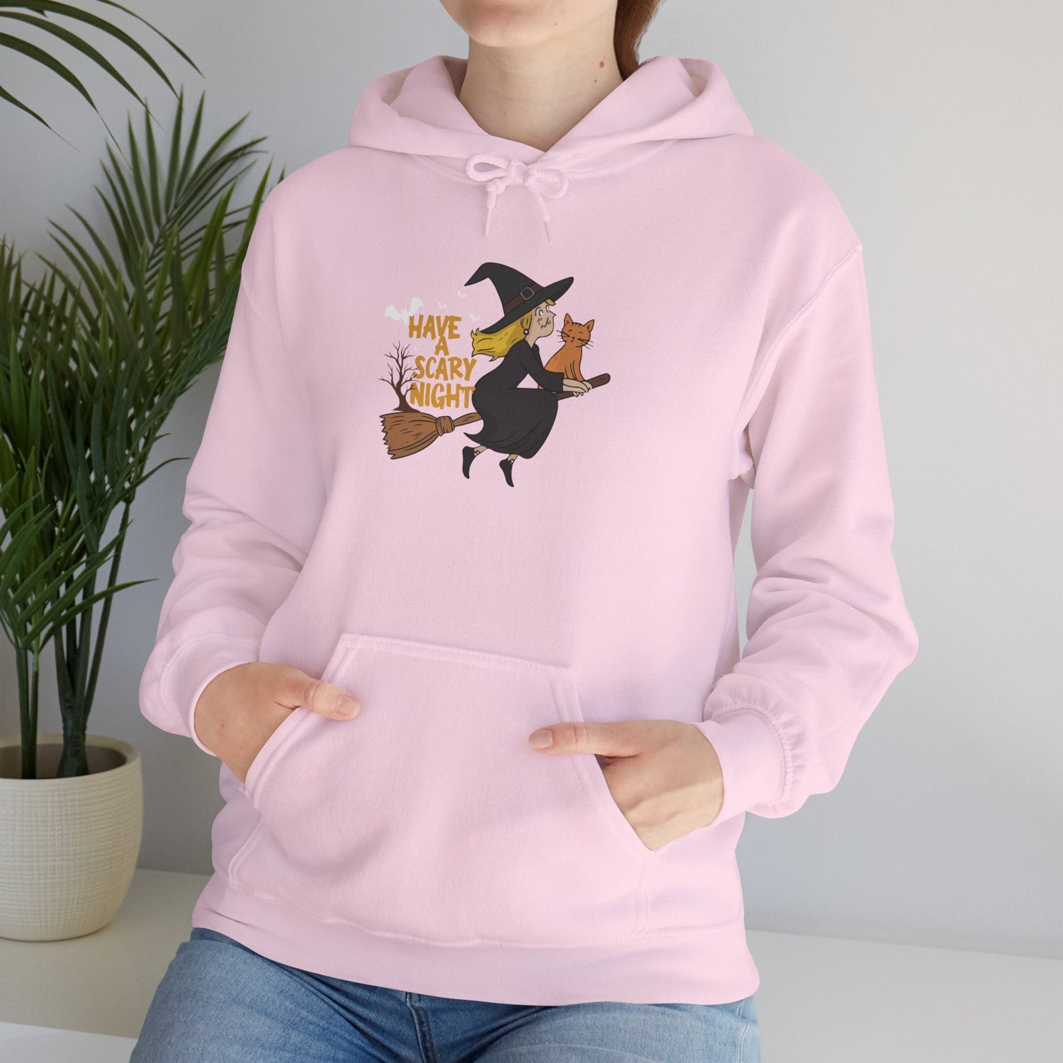 Halloween Witch and Cat Hoodie, Cozy Fall Sweatshirt, Scary Night Apparel, Unisex Ghostly Sweatshirt, Cute Halloween Gift Printify