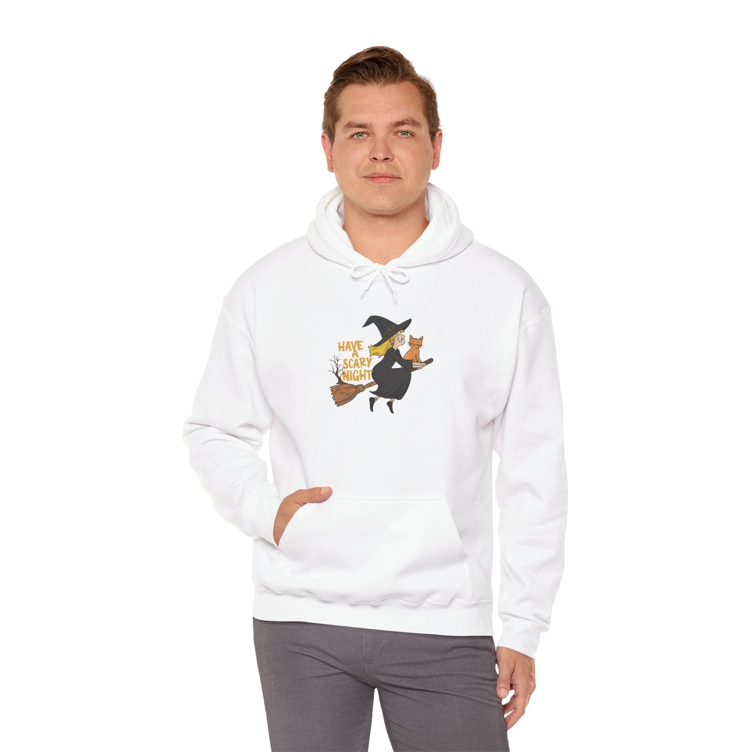 Halloween Witch and Cat Hoodie, Cozy Fall Sweatshirt, Scary Night Apparel, Unisex Ghostly Sweatshirt, Cute Halloween Gift Printify