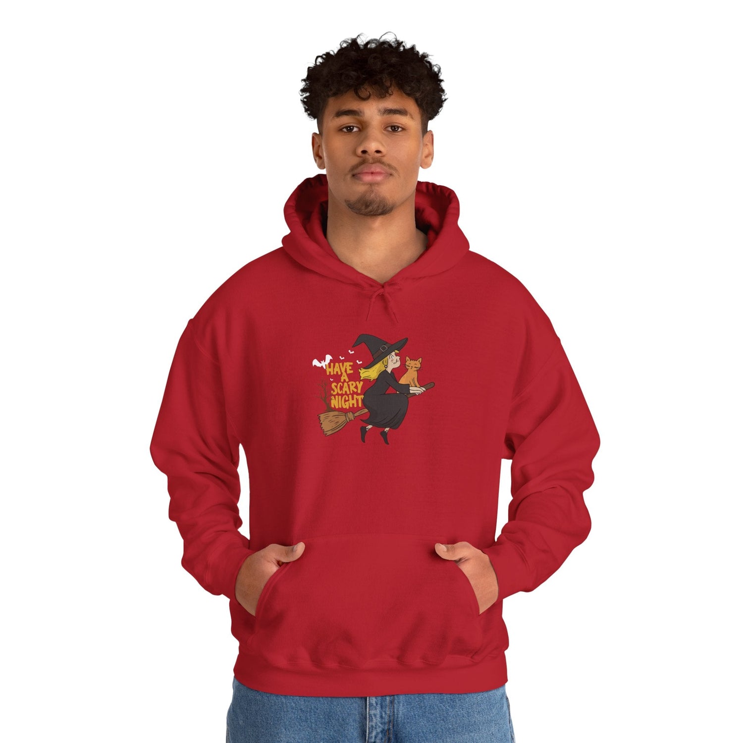 Halloween Witch and Cat Hoodie, Cozy Fall Sweatshirt, Scary Night Apparel, Unisex Ghostly Sweatshirt, Cute Halloween Gift Printify
