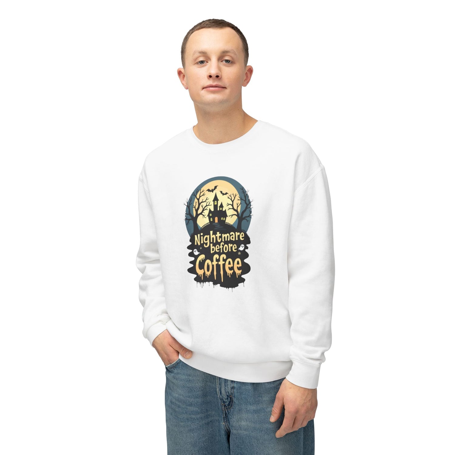 Unisex Lightweight Crewneck Sweatshirt - Nightmare Before Coffee Printify