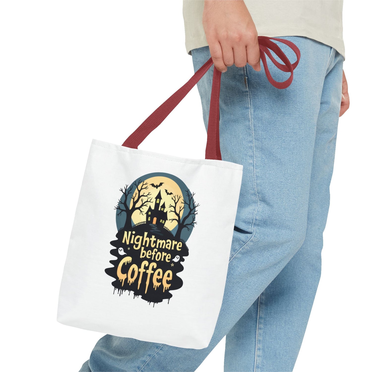 Nightmare Before Coffee Tote Bag, Halloween Tote, Spooky Drink Carrier, Gift for Coffee Lovers, AOP Design Bag Printify