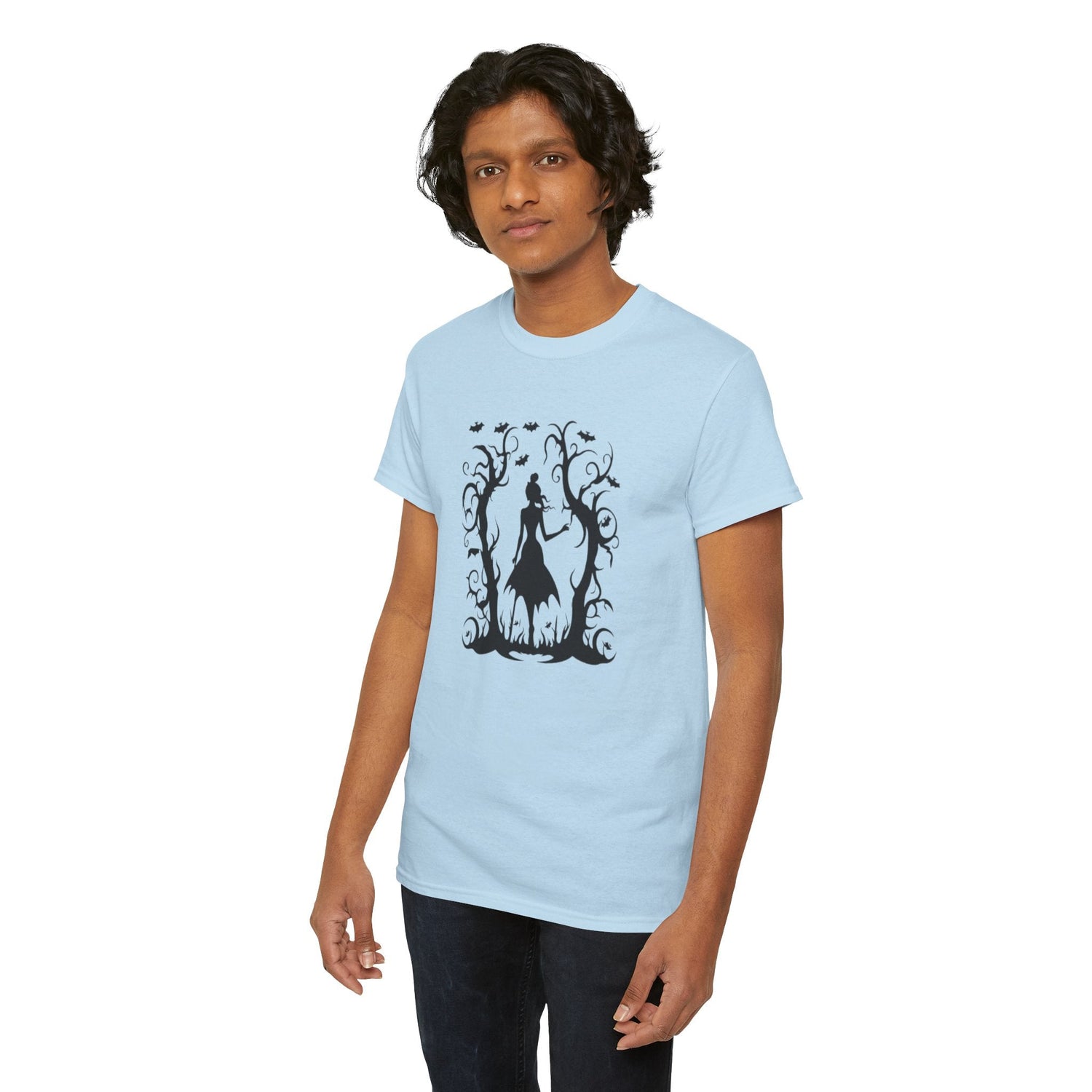 Whimsical Forest Silhouette Tee, Unisex Heavy Cotton T-Shirt, Fall Fashion, Halloween Shirt, Nature Lover Gift Printify
