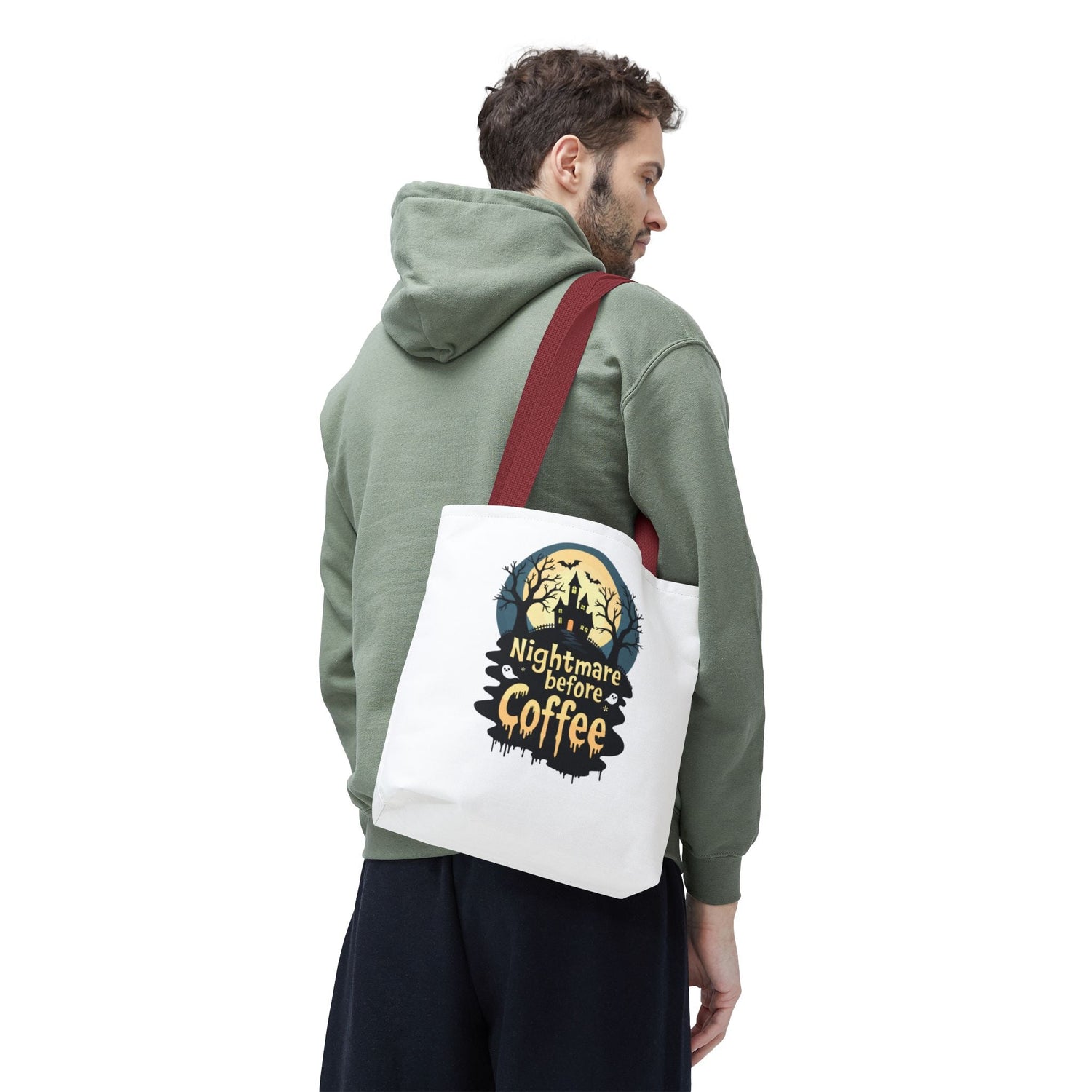 Nightmare Before Coffee Tote Bag, Halloween Tote, Spooky Drink Carrier, Gift for Coffee Lovers, AOP Design Bag Printify