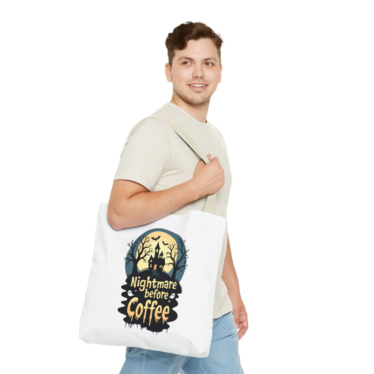 Nightmare Before Coffee Tote Bag, Halloween Tote, Spooky Drink Carrier, Gift for Coffee Lovers, AOP Design Bag Printify
