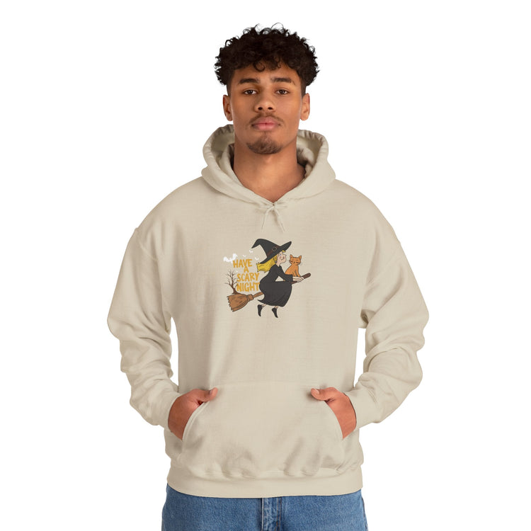 Halloween Witch and Cat Hoodie, Cozy Fall Sweatshirt, Scary Night Apparel, Unisex Ghostly Sweatshirt, Cute Halloween Gift Printify