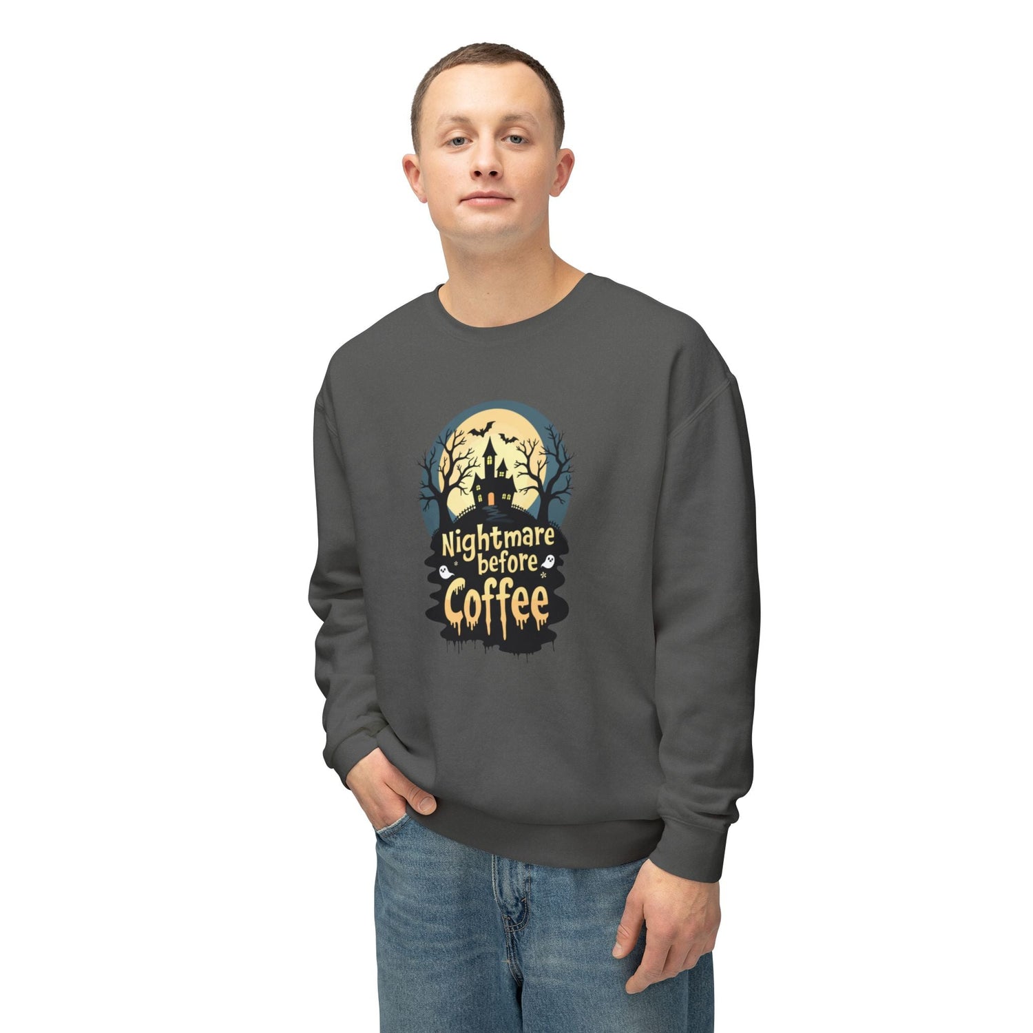 Unisex Lightweight Crewneck Sweatshirt - Nightmare Before Coffee Printify