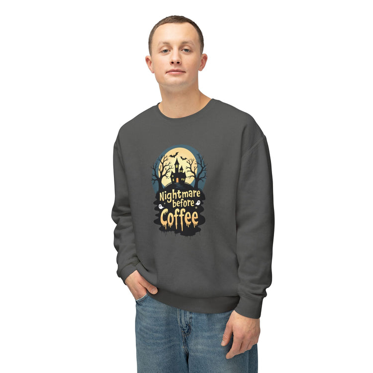 Unisex Lightweight Crewneck Sweatshirt - Nightmare Before Coffee Printify