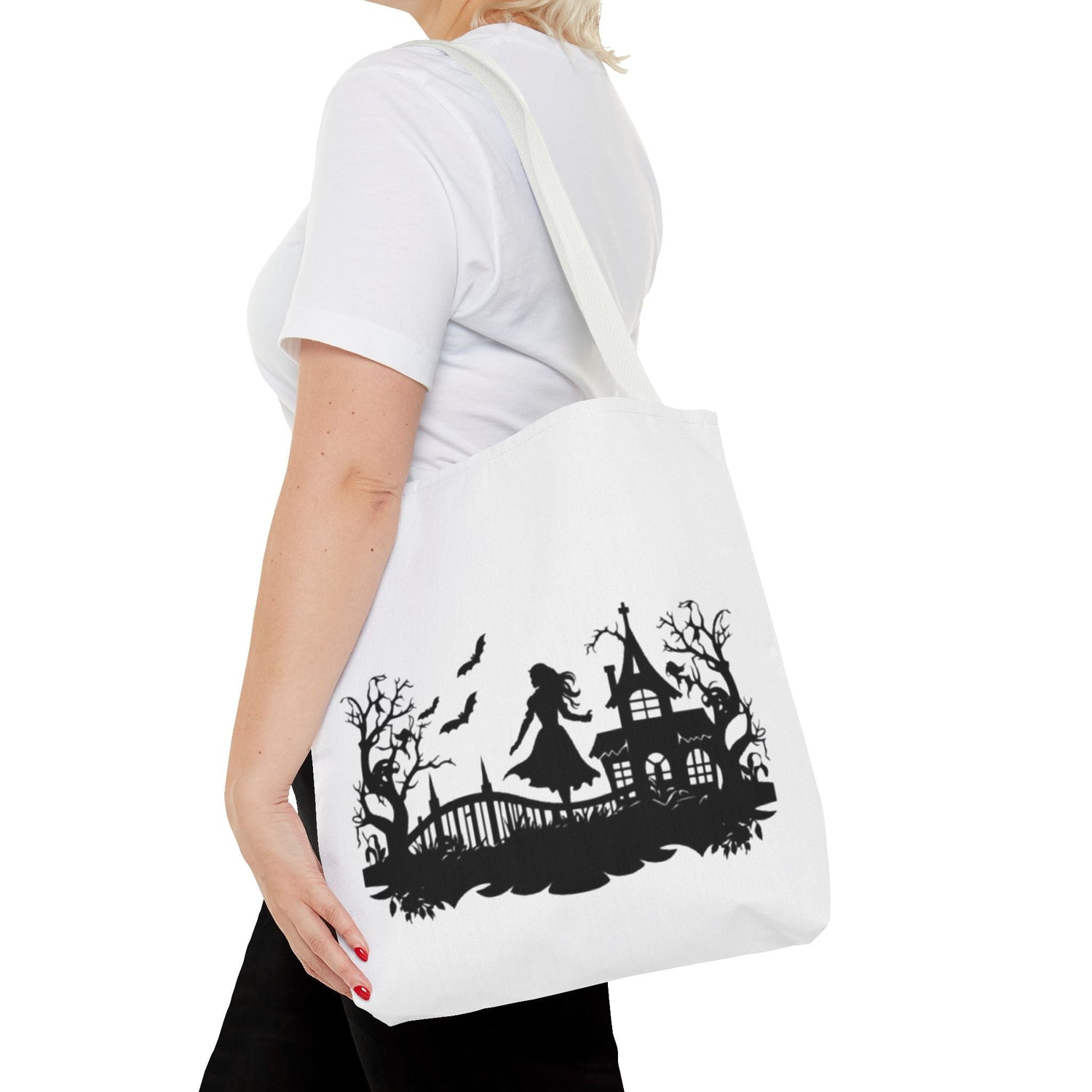 Spooky Silhouette Tote Bag - Halloween Gift, Witchy Style, Eco-Friendly Shopping, Causal Carryall, Gothic Art Design Printify
