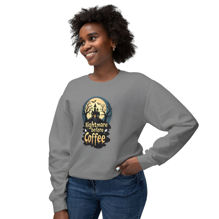 Unisex Lightweight Crewneck Sweatshirt - Nightmare Before Coffee Printify