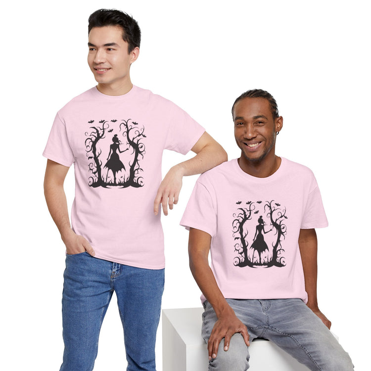 Whimsical Forest Silhouette Tee, Unisex Heavy Cotton T-Shirt, Fall Fashion, Halloween Shirt, Nature Lover Gift Printify