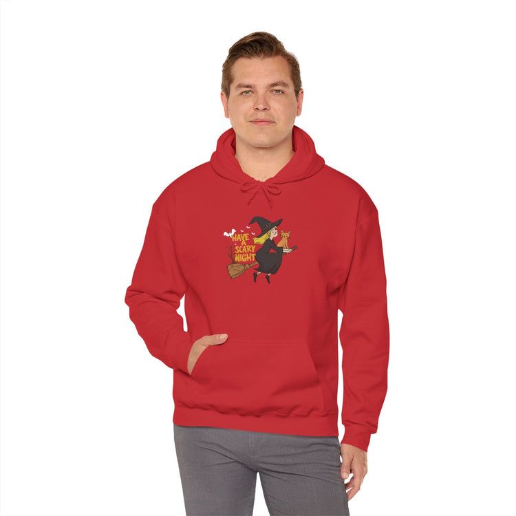 Halloween Witch and Cat Hoodie, Cozy Fall Sweatshirt, Scary Night Apparel, Unisex Ghostly Sweatshirt, Cute Halloween Gift Printify