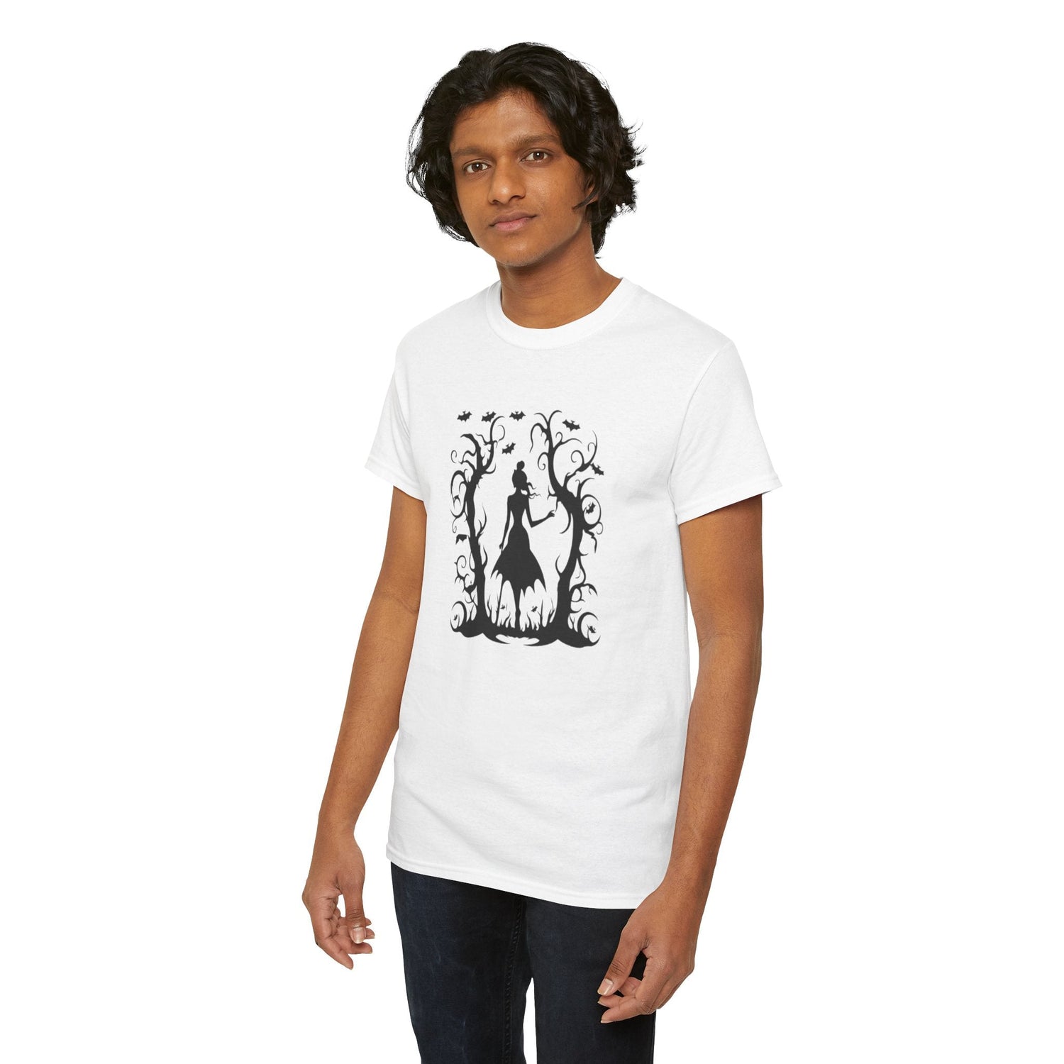 Whimsical Forest Silhouette Tee, Unisex Heavy Cotton T-Shirt, Fall Fashion, Halloween Shirt, Nature Lover Gift Printify