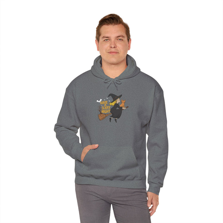 Halloween Witch and Cat Hoodie, Cozy Fall Sweatshirt, Scary Night Apparel, Unisex Ghostly Sweatshirt, Cute Halloween Gift Printify