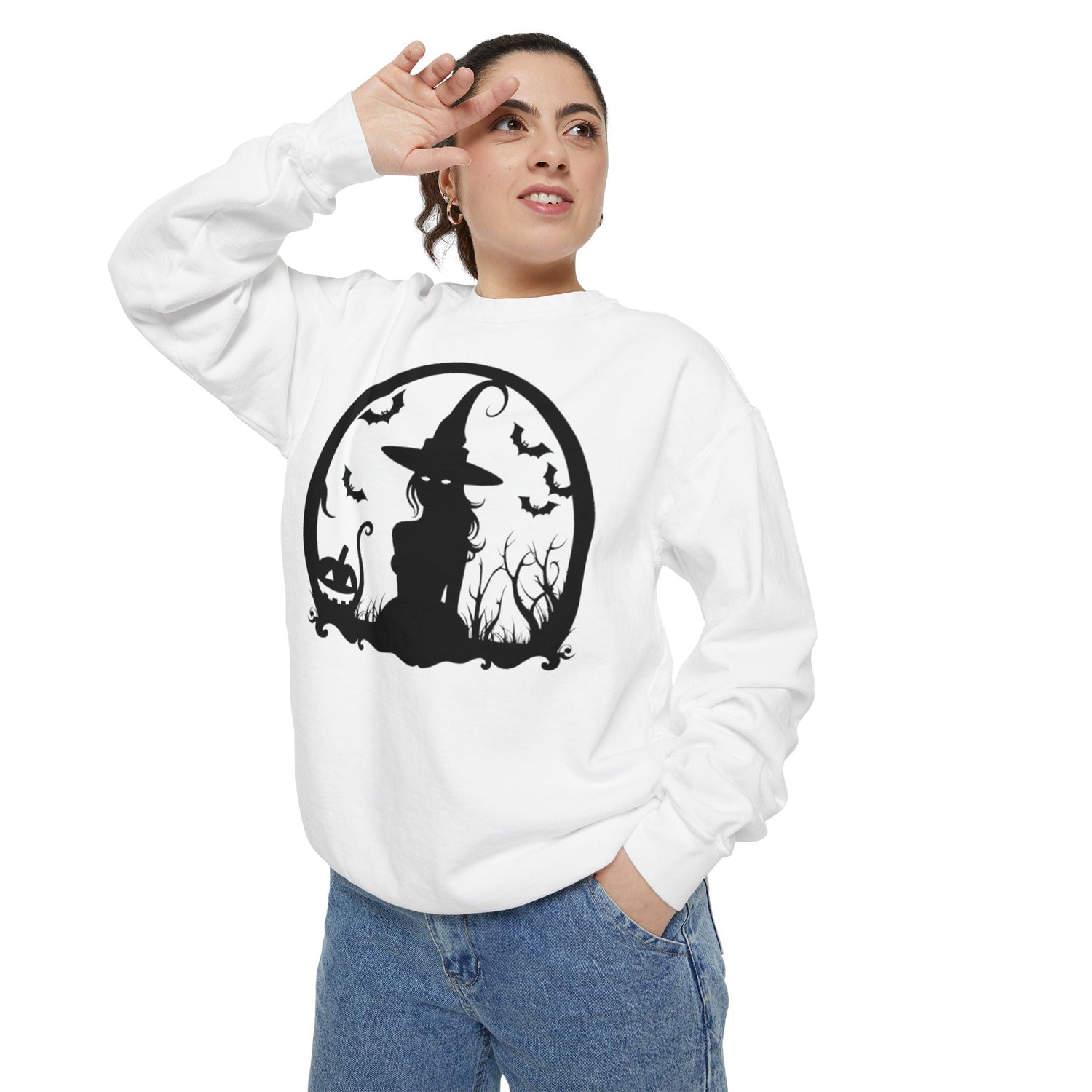 Charming Halloween Sweatshirt, Cozy Witch Design, Unisex Garment-Dyed Hoodie, Fall Fashion, Spooky Season Wear, Trick or Treat Gift Printify