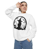 Charming Halloween Sweatshirt, Cozy Witch Design, Unisex Garment-Dyed Hoodie, Fall Fashion, Spooky Season Wear, Trick or Treat Gift Printify