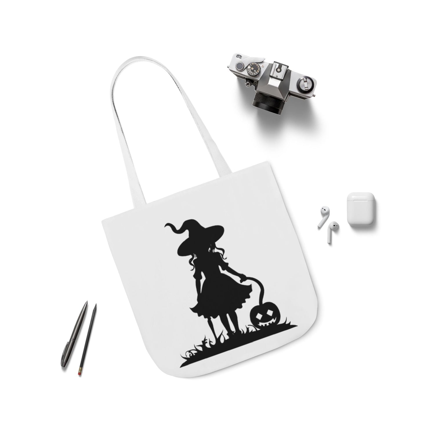 Halloween Witch Canvas Tote Bag, Spooky Treat Bag, Autumn Market Tote, Trick-or-Treat Bag, Gift for Witches, Seasonal Accessories Printify