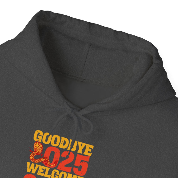 New Year Celebration Hoodie Goodbye 2025 Welcome 2026 Sweatshirt Cozy Gift Friends Unisex Pullover Trendy Winter Fashion Heavy Blend Hooded Printify